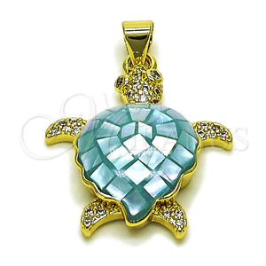 Oro Laminado Fancy Pendant, Gold Filled Style Turtle Design, with Light Turquoise Mother of Pearl and White Micro Pave, Polished, Golden Finish, 05.459.0050.2