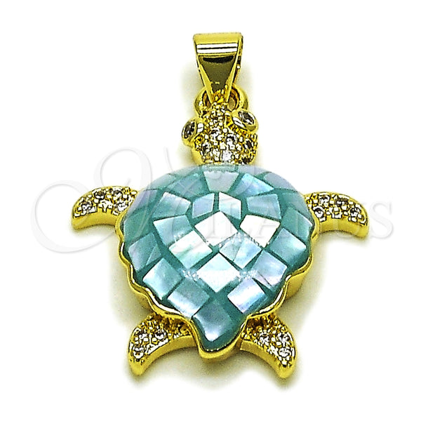 Oro Laminado Fancy Pendant, Gold Filled Style Turtle Design, with Light Turquoise Mother of Pearl and White Micro Pave, Polished, Golden Finish, 05.459.0050.2