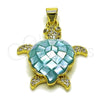 Oro Laminado Fancy Pendant, Gold Filled Style Turtle Design, with Light Turquoise Mother of Pearl and White Micro Pave, Polished, Golden Finish, 05.459.0050.2