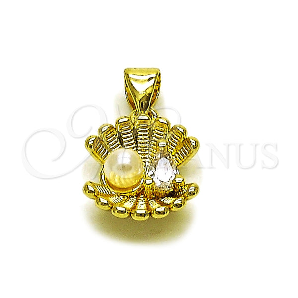Oro Laminado Fancy Pendant, Gold Filled Style Shell and Teardrop Design, with White Cubic Zirconia and Ivory Pearl, Polished, Golden Finish, 05.459.0054