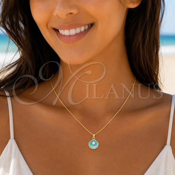 Oro Laminado Fancy Pendant, Gold Filled Style Shell Design, with Ivory Pearl, Turquoise Enamel Finish, Golden Finish, 05.459.0055