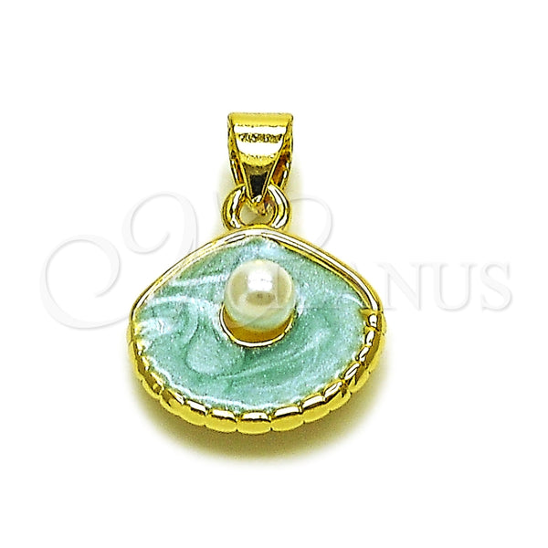 Oro Laminado Fancy Pendant, Gold Filled Style Shell Design, with Ivory Pearl, Turquoise Enamel Finish, Golden Finish, 05.459.0055