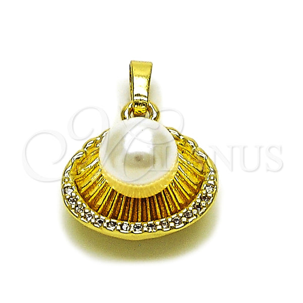 Oro Laminado Fancy Pendant, Gold Filled Style Shell Design, with Ivory Pearl and White Cubic Zirconia, Polished, Golden Finish, 05.459.0056