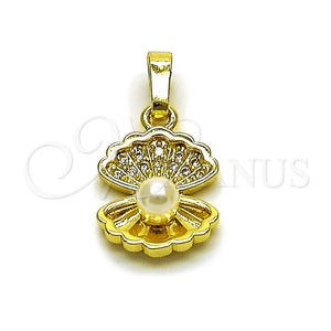 Oro Laminado Fancy Pendant, Gold Filled Style Shell Design, with Ivory Pearl and White Micro Pave, Polished, Golden Finish, 05.459.0058