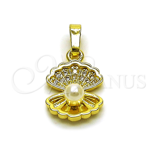 Oro Laminado Fancy Pendant, Gold Filled Style Shell Design, with Ivory Pearl and White Micro Pave, Polished, Golden Finish, 05.459.0058