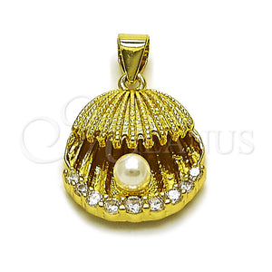 Oro Laminado Fancy Pendant, Gold Filled Style Shell Design, with Ivory Pearl and White Cubic Zirconia, Polished, Golden Finish, 05.459.0061