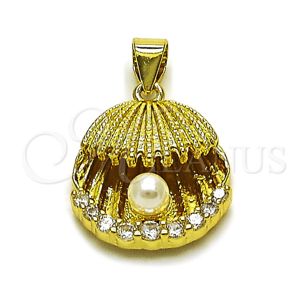 Oro Laminado Fancy Pendant, Gold Filled Style Shell Design, with Ivory Pearl and White Cubic Zirconia, Polished, Golden Finish, 05.459.0061