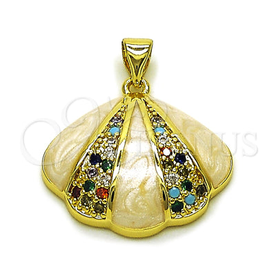 Oro Laminado Fancy Pendant, Gold Filled Style Shell Design, with Multicolor Cubic Zirconia, White Enamel Finish, Golden Finish, 05.459.0067
