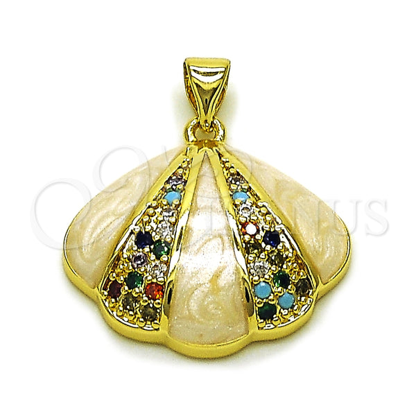 Oro Laminado Fancy Pendant, Gold Filled Style Shell Design, with Multicolor Cubic Zirconia, White Enamel Finish, Golden Finish, 05.459.0067