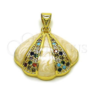 Oro Laminado Fancy Pendant, Gold Filled Style Shell Design, with Multicolor Cubic Zirconia, White Enamel Finish, Golden Finish, 05.459.0067