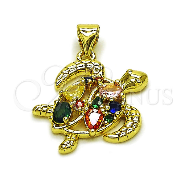 Oro Laminado Fancy Pendant, Gold Filled Style Turtle and Teardrop Design, with Multicolor Cubic Zirconia, Polished, Golden Finish, 05.459.0073