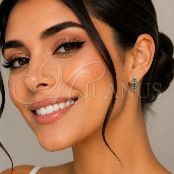 Rhodium Gold Filled Huggie Hoop, with Green Cubic Zirconia, Polished, Silver Finish, 02.282.0181.16