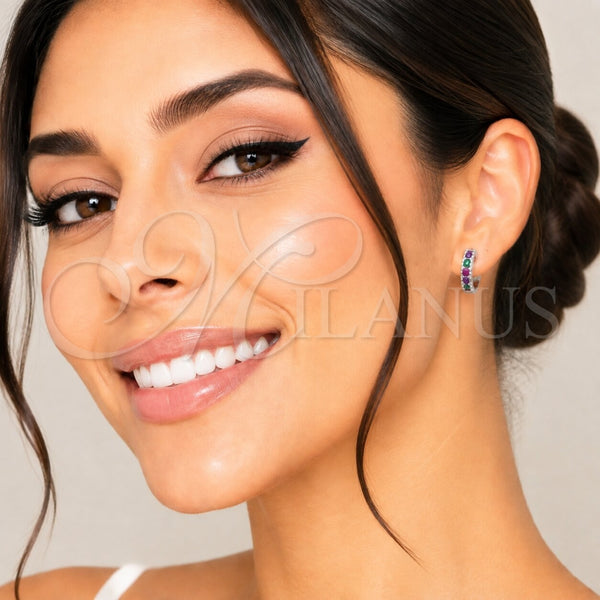 Rhodium Gold Filled Huggie Hoop, with Multicolor Cubic Zirconia, Polished, Silver Finish, 02.282.0182.14