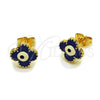 Oro Laminado Stud Earring, Gold Filled Style Evil Eye and Four-leaf Clover Design, Blue Enamel Finish, Golden Finish, 02.196.0275