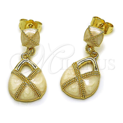 Oro Laminado Dangle Earring, Gold Filled Style Teardrop and Suitecase Design, White Enamel Finish, Golden Finish, 02.196.0278