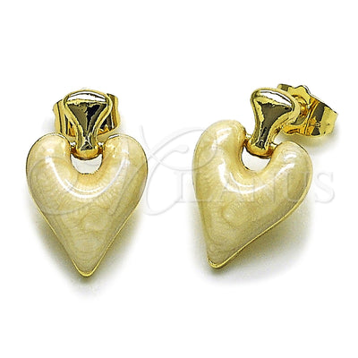 Oro Laminado Stud Earring, Gold Filled Style Heart Design, White Enamel Finish, Golden Finish, 02.196.0279