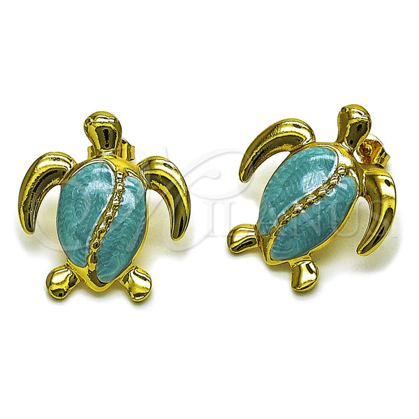Oro Laminado Stud Earring, Gold Filled Style Turtle Design, Blue Enamel Finish, Golden Finish, 02.196.0286.1