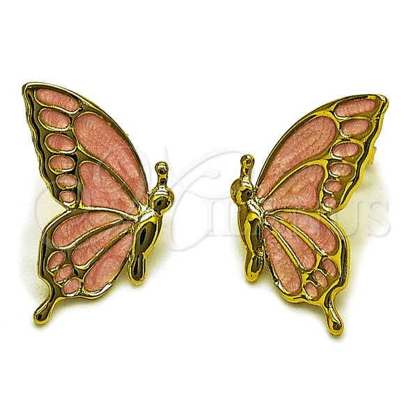 Oro Laminado Stud Earring, Gold Filled Style Butterfly Design, Pink Enamel Finish, Golden Finish, 02.196.0289.1