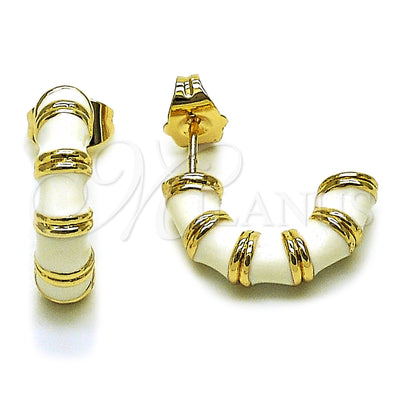 Oro Laminado Stud Earring, Gold Filled Style Bamboo and Hollow Design, White Enamel Finish, Golden Finish, 02.196.0290