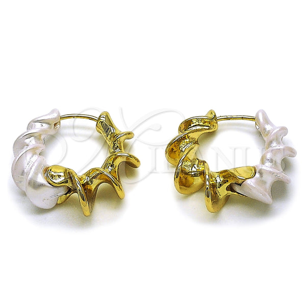 Oro Laminado Huggie Hoop, Gold Filled Style Twist Design, with Ivory Pearl, Polished, Golden Finish, 02.196.0301.24