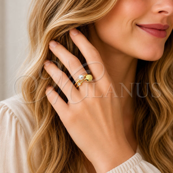 Oro Laminado Multi Stone Ring, Gold Filled Style Shell and Ball Design, with Ivory Pearl and White Cubic Zirconia, Polished, Golden Finish, 01.381.0018 (One size fits all)