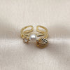 Oro Laminado Multi Stone Ring, Gold Filled Style Shell and Ball Design, with Ivory Pearl and White Cubic Zirconia, Polished, Golden Finish, 01.381.0018 (One size fits all)