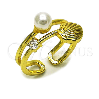 Oro Laminado Multi Stone Ring, Gold Filled Style Shell and Ball Design, with Ivory Pearl and White Cubic Zirconia, Polished, Golden Finish, 01.381.0018 (One size fits all)