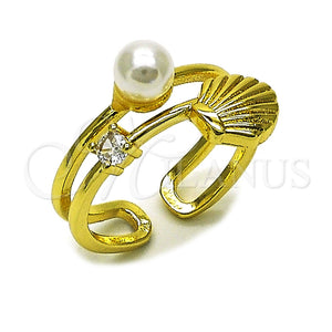 Oro Laminado Multi Stone Ring, Gold Filled Style Shell and Ball Design, with Ivory Pearl and White Cubic Zirconia, Polished, Golden Finish, 01.381.0018 (One size fits all)