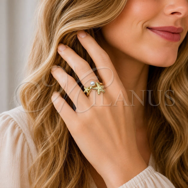 Oro Laminado Elegant Ring, Gold Filled Style Star and Ball Design, with Ivory Pearl, Polished, Golden Finish, 01.381.0019 (One size fits all)
