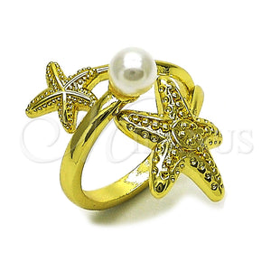 Oro Laminado Elegant Ring, Gold Filled Style Star and Ball Design, with Ivory Pearl, Polished, Golden Finish, 01.381.0019 (One size fits all)