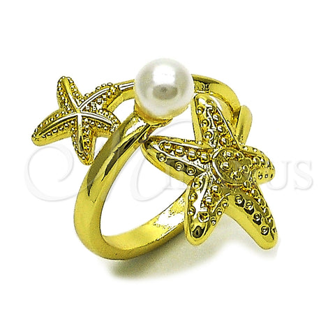 Oro Laminado Elegant Ring, Gold Filled Style Star and Ball Design, with Ivory Pearl, Polished, Golden Finish, 01.381.0019 (One size fits all)
