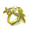 Oro Laminado Elegant Ring, Gold Filled Style Star and Ball Design, with Ivory Pearl, Polished, Golden Finish, 01.381.0019 (One size fits all)