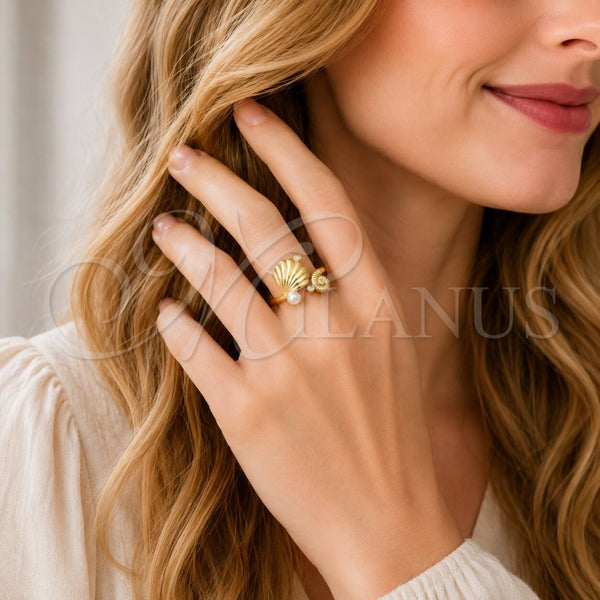 Oro Laminado Multi Stone Ring, Gold Filled Style Shell and Snail Design, with Ivory Pearl and White Cubic Zirconia, Polished, Golden Finish, 01.381.0020 (One size fits all)