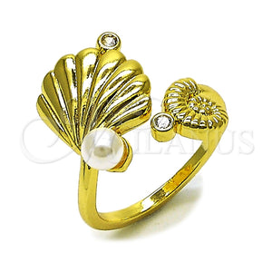 Oro Laminado Multi Stone Ring, Gold Filled Style Shell and Snail Design, with Ivory Pearl and White Cubic Zirconia, Polished, Golden Finish, 01.381.0020 (One size fits all)