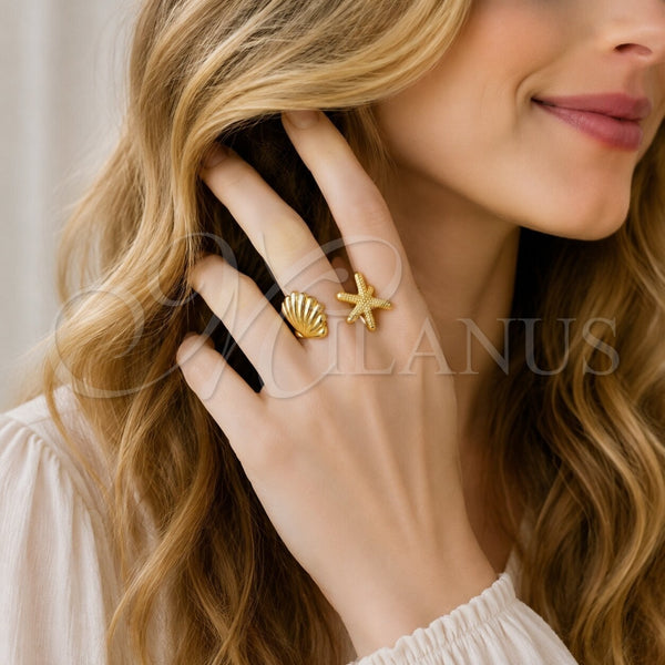 Oro Laminado Elegant Ring, Gold Filled Style Star and Shell Design, Polished, Golden Finish, 01.381.0027 (One size fits all)