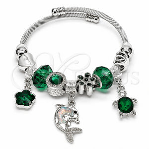 Stainless Steel Individual Bangle, Heart and Ball Design, with Green and Jet Crystal, Green Enamel Finish, Steel Finish, 07.464.0050 (03 MM Thickness, One size fits all)