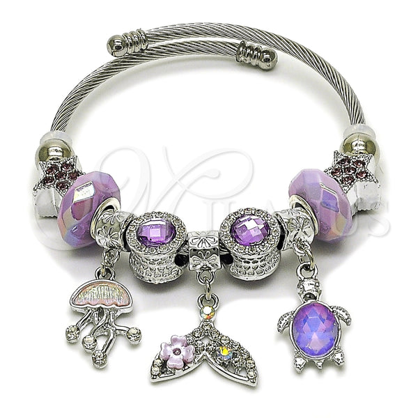 Stainless Steel Individual Bangle, Star and Fish Design, with Violet and Cyclamen Opal Crystal, Pink Polished, Steel Finish, 07.464.0051 (03 MM Thickness, One size fits all)
