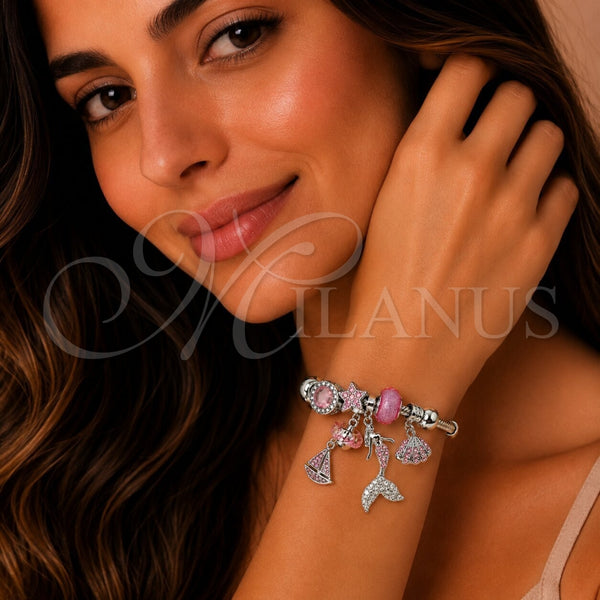 Stainless Steel Individual Bangle, Fish and Heart Design, with Light Rose and Crystal Crystal, Polished, Steel Finish, 07.464.0052 (03 MM Thickness, One size fits all)