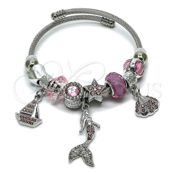 Stainless Steel Individual Bangle, Fish and Heart Design, with Light Rose and Crystal Crystal, Polished, Steel Finish, 07.464.0052 (03 MM Thickness, One size fits all)