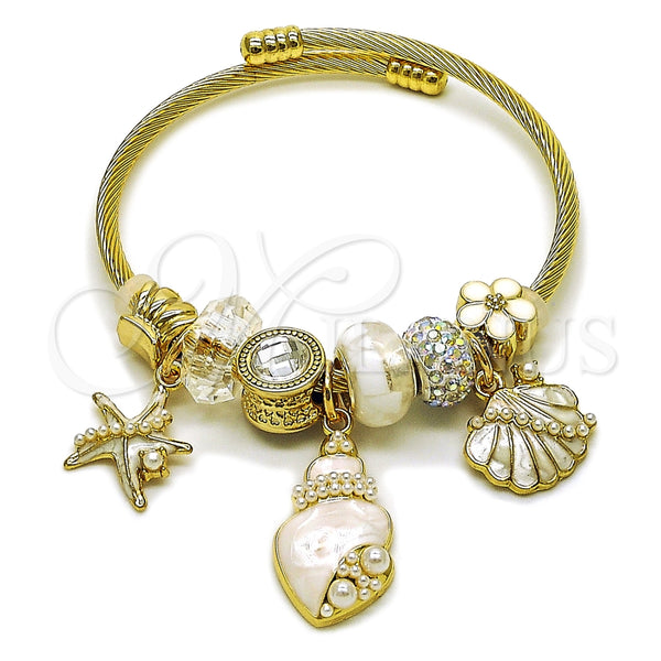Stainless Steel Individual Bangle, Shell and Star Design, with Ivory Pearl and White Platina Crystal, White Enamel Finish, Golden Finish, 07.464.0053 (03 MM Thickness, One size fits all)