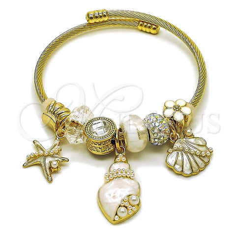 Stainless Steel Individual Bangle, Shell and Star Design, with Ivory Pearl and White Platina Crystal, White Enamel Finish, Golden Finish, 07.464.0053 (03 MM Thickness, One size fits all)