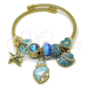 Stainless Steel Individual Bangle, Shell and Star Design, with Light Turquoise Crystal and Ivory Pearl, Blue Enamel Finish, Steel Finish, 07.464.0054 (03 MM Thickness, One size fits all)