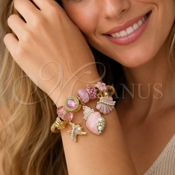 Stainless Steel Individual Bangle, Shell and Star Design, with Light Rose Crystal and Ivory Pearl, Pink Enamel Finish, Golden Finish, 07.464.0055 (03 MM Thickness, One size fits all)