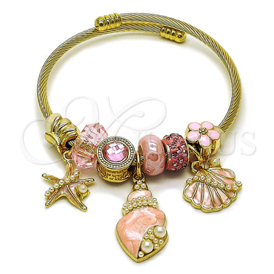 Stainless Steel Individual Bangle, Shell and Star Design, with Light Rose Crystal and Ivory Pearl, Pink Enamel Finish, Golden Finish, 07.464.0055 (03 MM Thickness, One size fits all)