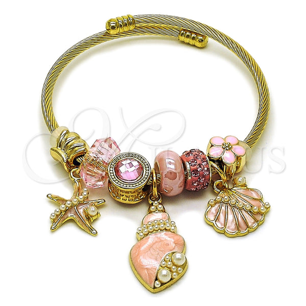 Stainless Steel Individual Bangle, Shell and Star Design, with Light Rose Crystal and Ivory Pearl, Pink Enamel Finish, Golden Finish, 07.464.0055 (03 MM Thickness, One size fits all)