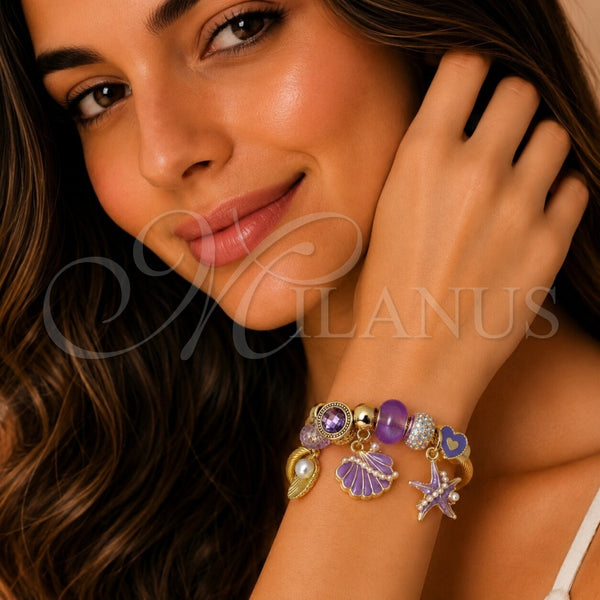 Stainless Steel Individual Bangle, Shell and Star Design, with Crystal and Violet Crystal, Polished, Golden Finish, 07.464.0056 (03 MM Thickness, One size fits all)