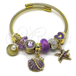 Stainless Steel Individual Bangle, Shell and Star Design, with Crystal and Violet Crystal, Polished, Golden Finish, 07.464.0056 (03 MM Thickness, One size fits all)