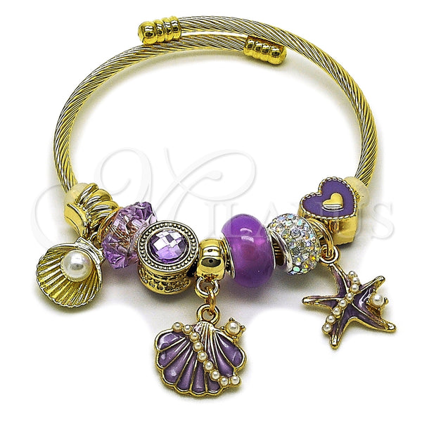 Stainless Steel Individual Bangle, Shell and Star Design, with Crystal and Violet Crystal, Polished, Golden Finish, 07.464.0056 (03 MM Thickness, One size fits all)