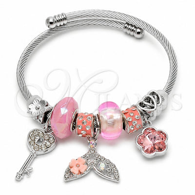 Stainless Steel Individual Bangle, Fish and Flower Design, with Crystal and Light Rose Crystal, Polished, Steel for wholesale, main product view