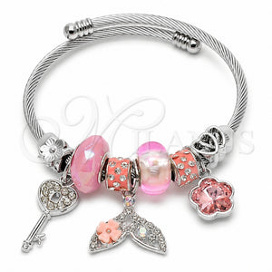 Stainless Steel Individual Bangle, Fish and Flower Design, with Crystal and Light Rose Crystal, Polished, Steel Finish, 07.464.0057 (03 MM Thickness, One size fits all)